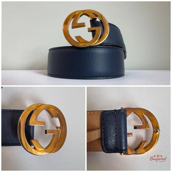 Authentic Gucci Blue Leather Gold Interlocking G Buckle Belt 85/34 - Picture 2 of 13